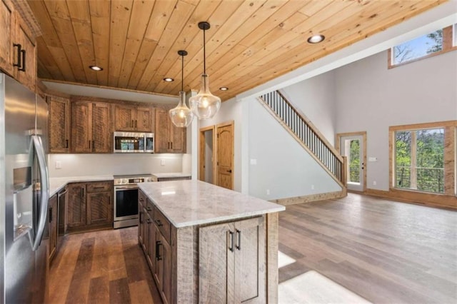 78 Pocola Ct, Ellijay, GA 30536 - kitchen with dark wood-style flooring, appliances with stainless steel finishes, wooden ceiling, and recessed lighting