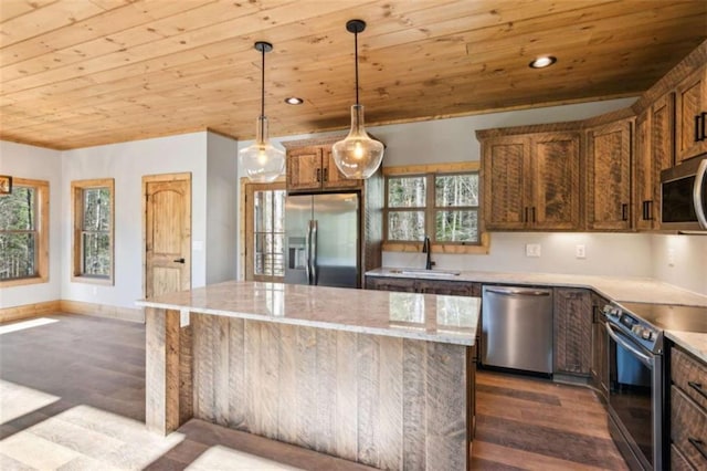 78 Pocola Ct, Ellijay, GA 30536 - kitchen with a kitchen island, a sink, wooden ceiling, stainless steel appliances, and dark wood-type flooring