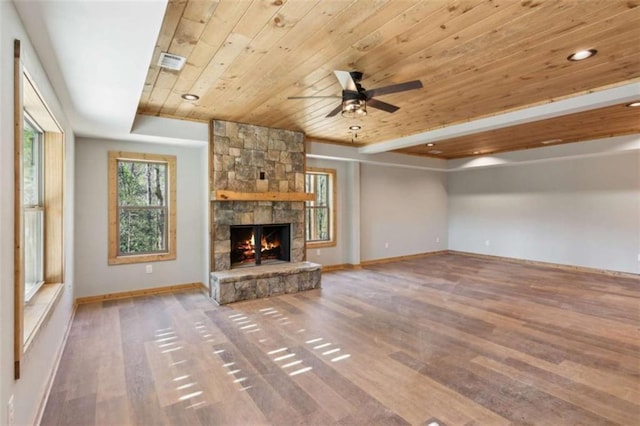78 Pocola Ct, Ellijay, GA 30536 - unfurnished living room with visible vents, wood finished floors, baseboards, ceiling fan, and wood ceiling