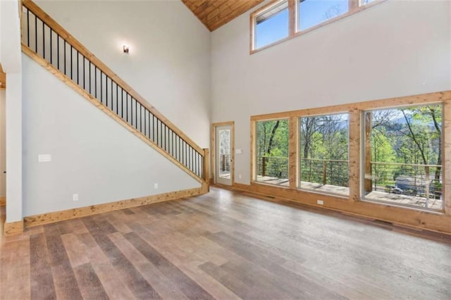 78 Pocola Ct, Ellijay, GA 30536 - unfurnished living room with high vaulted ceiling, wood ceiling, stairs, and wood finished floors