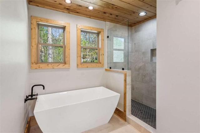 78 Pocola Ct, Ellijay, GA 30536 - full bath featuring recessed lighting, wood ceiling, walk in shower, and a freestanding bath