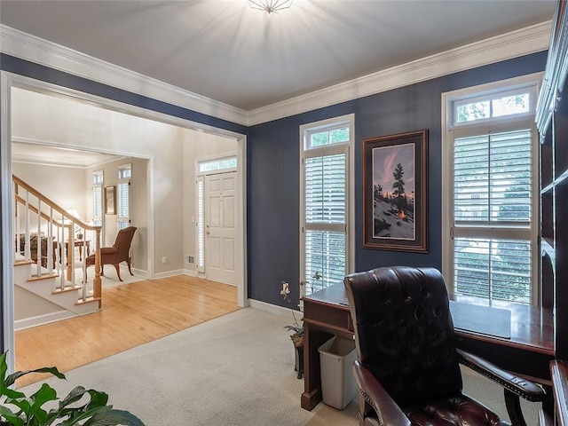 3580 Treeline Pass NE, Roswell, GA 30075 - office area with plenty of natural light, crown molding, carpet floors, and wood finished floors