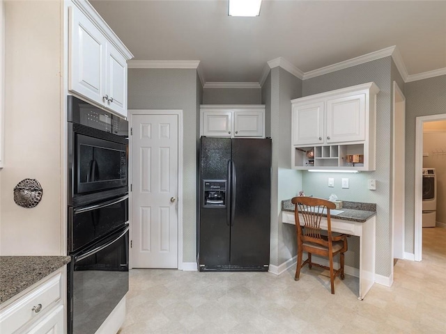 3580 Treeline Pass NE, Roswell, GA 30075 - kitchen with black appliances, light floors, washer / dryer, dark stone countertops, and white cabinetry