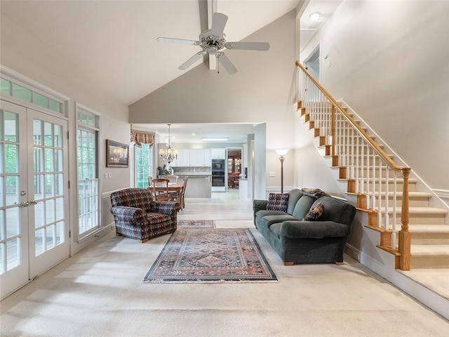 3580 Treeline Pass NE, Roswell, GA 30075 - living room featuring french doors, stairs, light carpet, and high vaulted ceiling