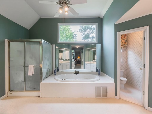 3580 Treeline Pass NE, Roswell, GA 30075 - bathroom with vaulted ceiling, a garden tub, ceiling fan, and a shower stall