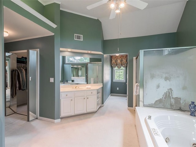 3580 Treeline Pass NE, Roswell, GA 30075 - bathroom featuring vanity, a whirlpool tub, a ceiling fan, a stall shower, and crown molding
