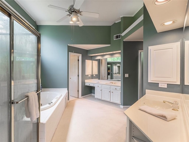 3580 Treeline Pass NE, Roswell, GA 30075 - bathroom with vanity, a bath, ceiling fan, plenty of natural light, and ornamental molding