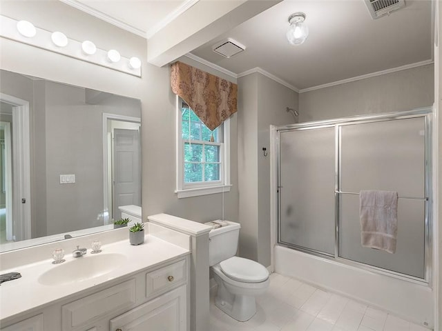 3580 Treeline Pass NE, Roswell, GA 30075 - bathroom featuring vanity, bath / shower combo with glass door, crown molding, and tile patterned flooring