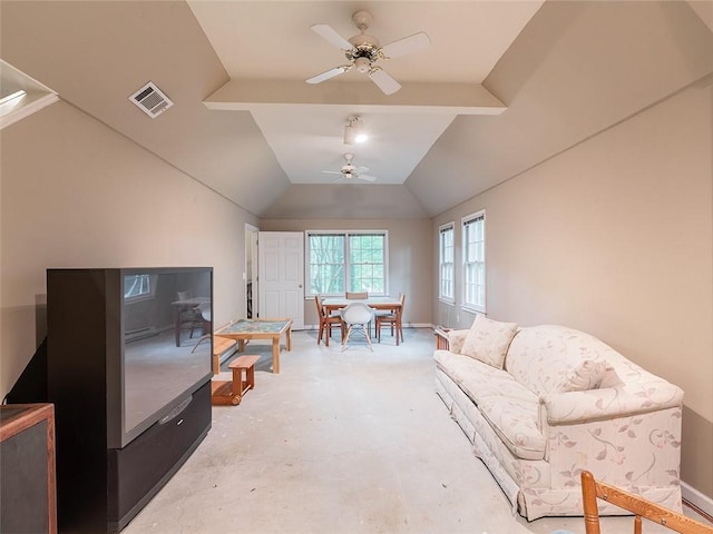3580 Treeline Pass NE, Roswell, GA 30075 - living area featuring a ceiling fan, lofted ceiling, and concrete flooring