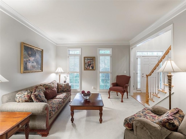 3580 Treeline Pass NE, Roswell, GA 30075 - living area featuring ornamental molding, carpet floors, and stairway