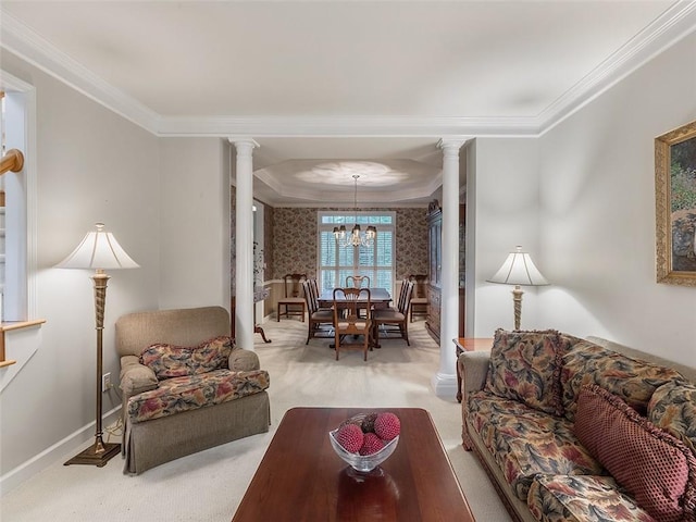 3580 Treeline Pass NE, Roswell, GA 30075 - living area with ornate columns, carpet flooring, crown molding, and a chandelier