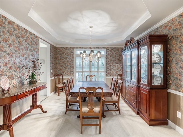 3580 Treeline Pass NE, Roswell, GA 30075 - dining space featuring a chandelier, a tray ceiling, wallpapered walls, a wainscoted wall, and ornamental molding