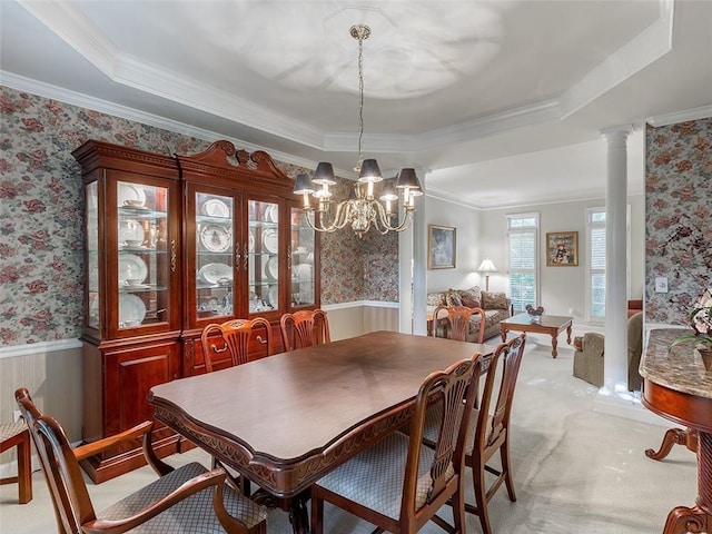 3580 Treeline Pass NE, Roswell, GA 30075 - dining room featuring light carpet, wainscoting, wallpapered walls, a chandelier, and crown molding