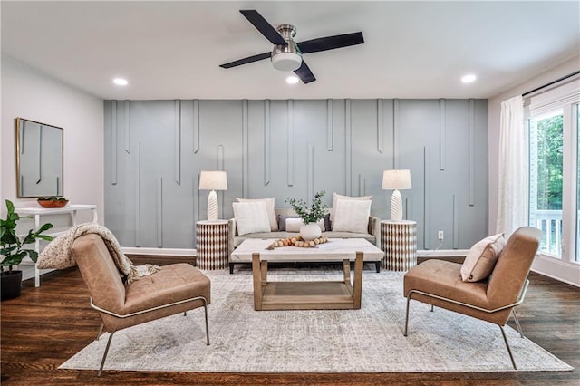 437 Valley Brook Dr NE, Atlanta, GA 30342 - living room with wood finished floors, a decorative wall, recessed lighting, and a ceiling fan