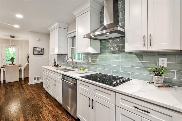 437 Valley Brook Dr NE, Atlanta, GA 30342 - kitchen featuring wall chimney exhaust hood, dishwasher, black electric cooktop, white cabinetry, and dark wood finished floors