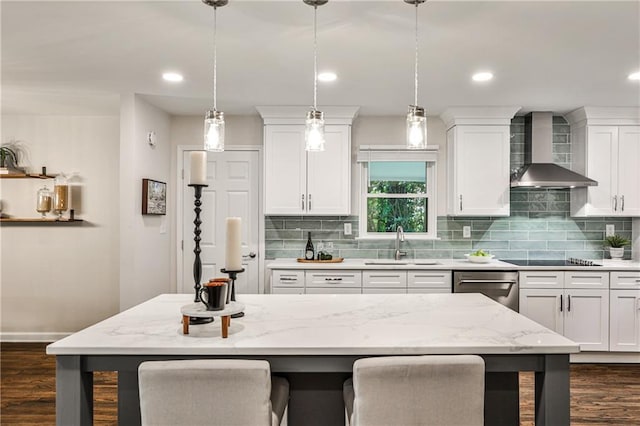 437 Valley Brook Dr NE, Atlanta, GA 30342 - kitchen featuring wall chimney exhaust hood, dark wood-style floors, dishwasher, tasteful backsplash, and recessed lighting