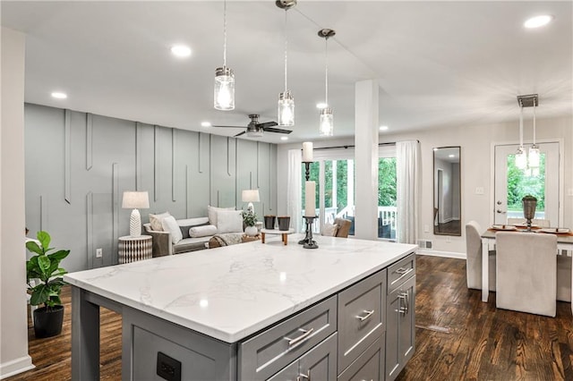 437 Valley Brook Dr NE, Atlanta, GA 30342 - kitchen with gray cabinets, dark wood-type flooring, healthy amount of natural light, ceiling fan, and recessed lighting