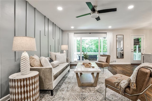 437 Valley Brook Dr NE, Atlanta, GA 30342 - living room with wood finished floors, recessed lighting, and a ceiling fan