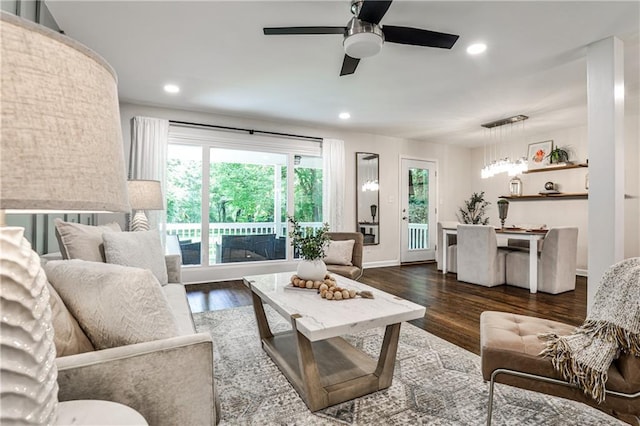 437 Valley Brook Dr NE, Atlanta, GA 30342 - living room featuring ceiling fan, wood finished floors, and recessed lighting