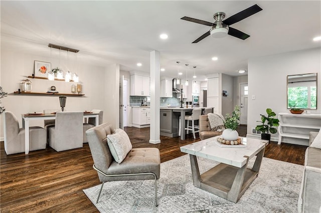 437 Valley Brook Dr NE, Atlanta, GA 30342 - living area featuring dark wood-style flooring, ceiling fan, and recessed lighting