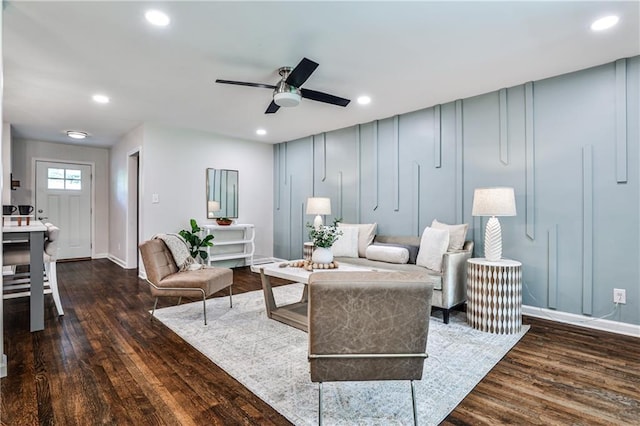 437 Valley Brook Dr NE, Atlanta, GA 30342 - living room featuring dark wood finished floors, ceiling fan, a decorative wall, and recessed lighting