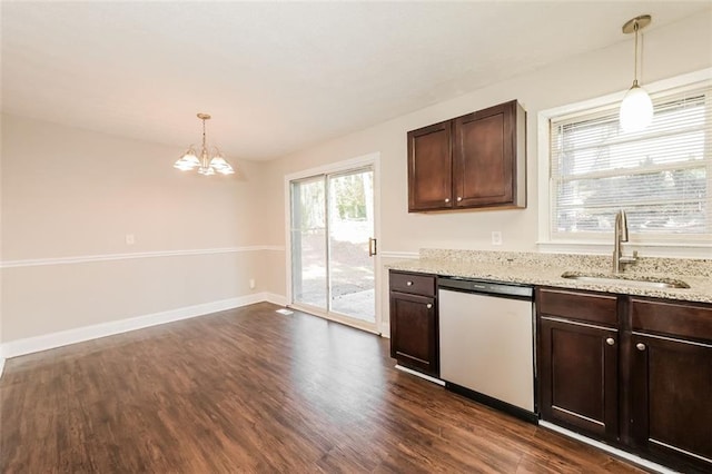 kitchen with a sink, dark brown cabinetry, dishwasher, and dark wood finished floors