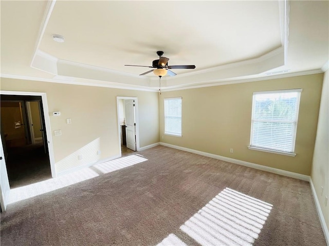 empty room with a raised ceiling, light colored carpet, a ceiling fan, ornamental molding, and baseboards