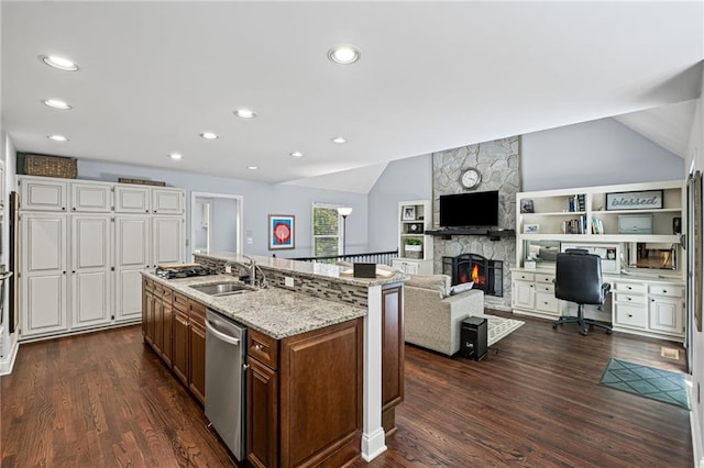 3648 Sope Creek Farm SE, Marietta, GA 30067 - kitchen with dishwasher, a center island with sink, light stone countertops, dark wood finished floors, and vaulted ceiling