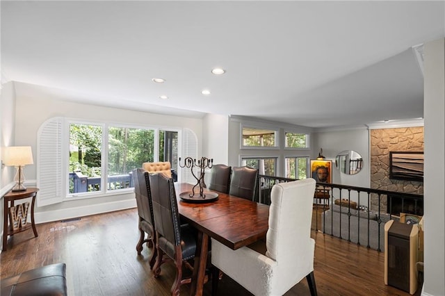 3648 Sope Creek Farm SE, Marietta, GA 30067 - dining area with dark wood-style floors, recessed lighting, and a stone fireplace
