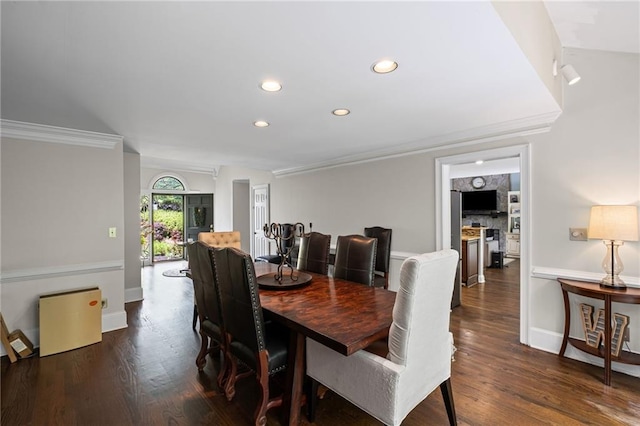 3648 Sope Creek Farm SE, Marietta, GA 30067 - dining space with recessed lighting, ornamental molding, and dark wood-style floors