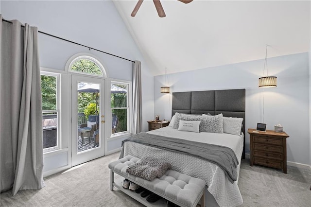 3648 Sope Creek Farm SE, Marietta, GA 30067 - bedroom with access to exterior, light carpet, high vaulted ceiling, and a ceiling fan
