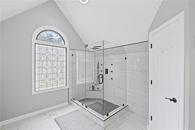 3648 Sope Creek Farm SE, Marietta, GA 30067 - full bathroom featuring marble finish floors, lofted ceiling, and a marble finish shower