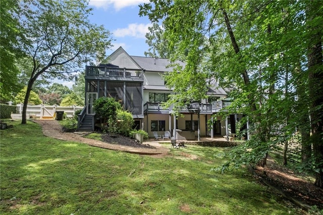 3648 Sope Creek Farm SE, Marietta, GA 30067 - back of house with a sunroom, a patio area, stairway, a balcony, and a wooden deck