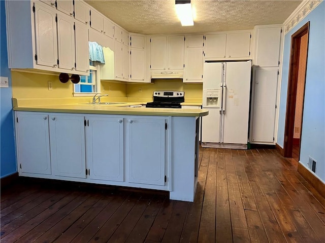 kitchen featuring dark hardwood / wood-style floors, white fridge with ice dispenser, white cabinets, and electric range