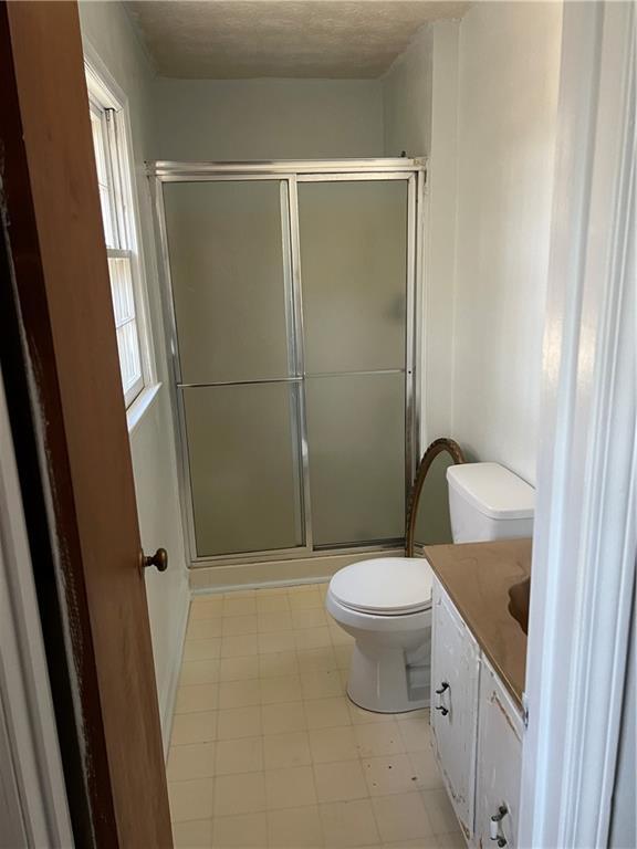 bathroom with vanity, toilet, and a shower with shower door