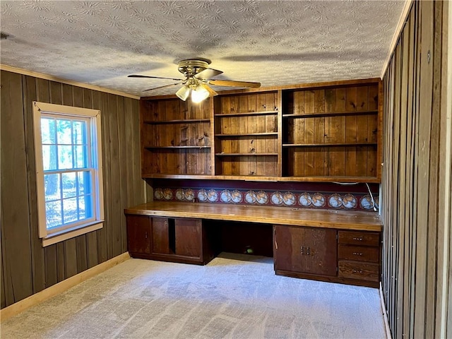 unfurnished office featuring built in desk, light carpet, and wood walls