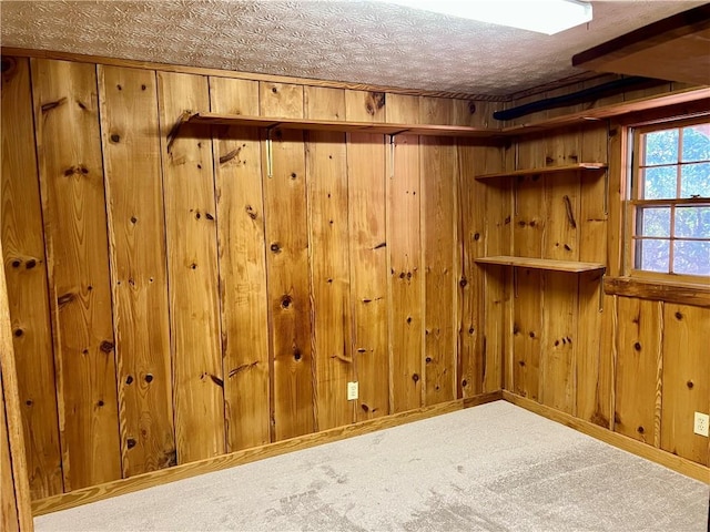 interior space with a textured ceiling and wood walls