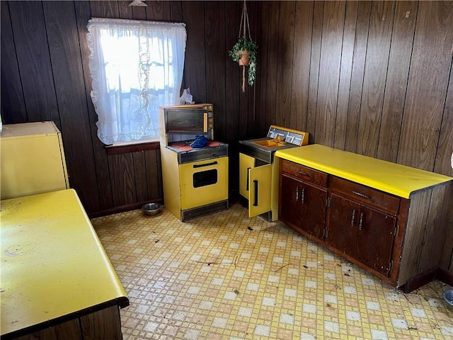 kitchen with dark brown cabinetry and wooden walls