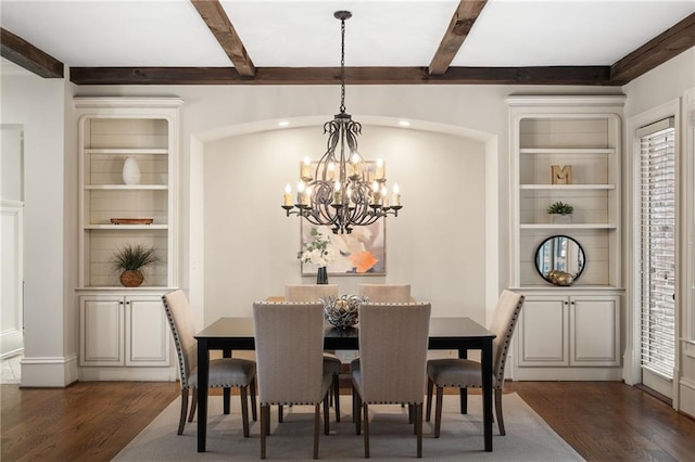 dining space featuring an inviting chandelier, built in features, dark wood-type flooring, and beamed ceiling