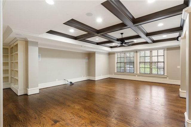 unfurnished living room with ceiling fan, dark wood-type flooring, coffered ceiling, baseboards, and beam ceiling