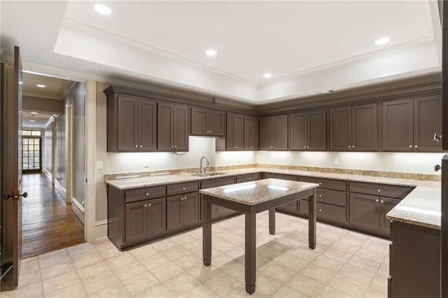 kitchen with dark brown cabinets, ornamental molding, a raised ceiling, and a sink