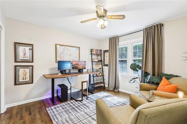 office with ceiling fan, baseboards, and wood finished floors