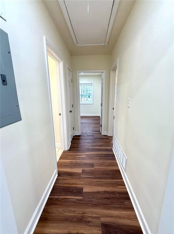 2182 Rosewood Rd, Decatur, GA 30032 - hall featuring electric panel, attic access, visible vents, baseboards, and wood finished floors