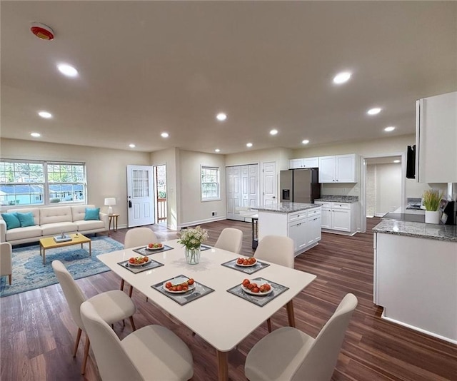 2182 Rosewood Rd, Decatur, GA 30032 - dining space with baseboards, recessed lighting, and dark wood-style flooring