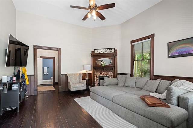 161 N Barton St, Norcross, GA 30071 - living area with hardwood / wood-style flooring, ceiling fan, a high ceiling, and a wainscoted wall