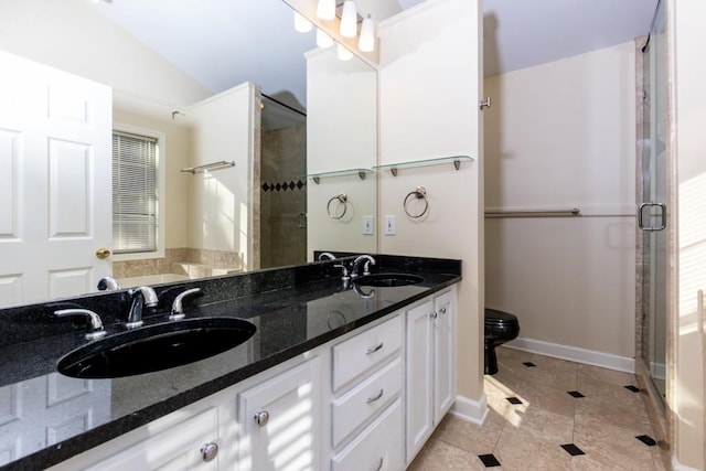 bathroom featuring tile patterned flooring, vanity, toilet, walk in shower, and vaulted ceiling