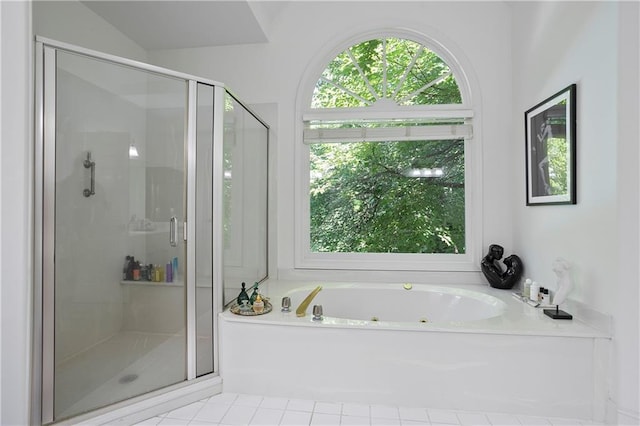 12160 Oak Hollow Way, Alpharetta, GA 30005 - full bathroom with a jetted tub, a stall shower, and tile patterned floors