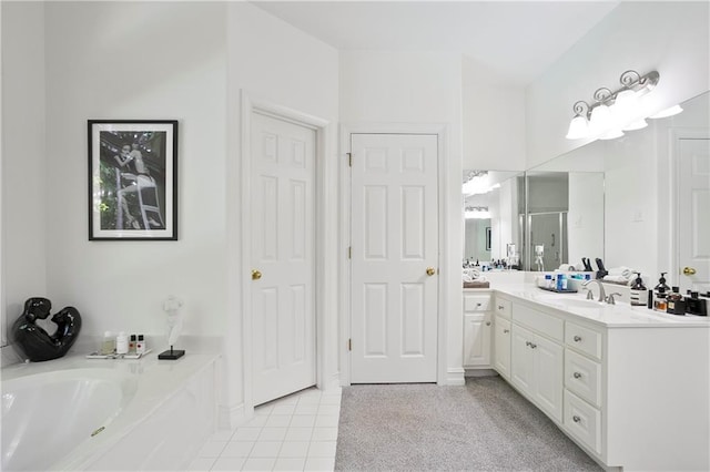 12160 Oak Hollow Way, Alpharetta, GA 30005 - full bathroom with vanity, a garden tub, tile patterned flooring, and a shower