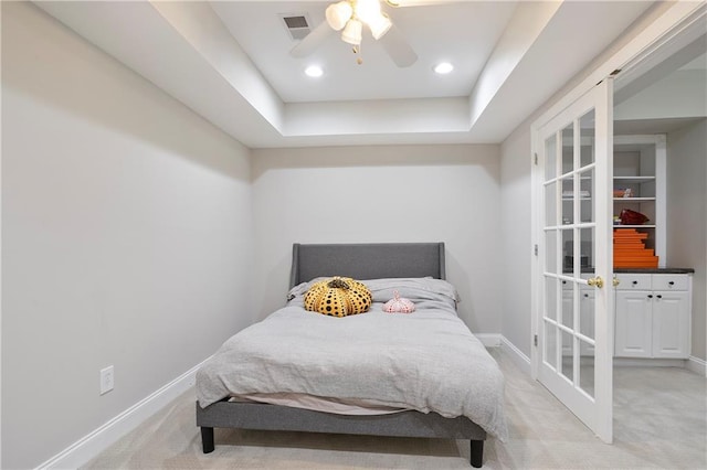 12160 Oak Hollow Way, Alpharetta, GA 30005 - bedroom with light colored carpet, a raised ceiling, a ceiling fan, and recessed lighting