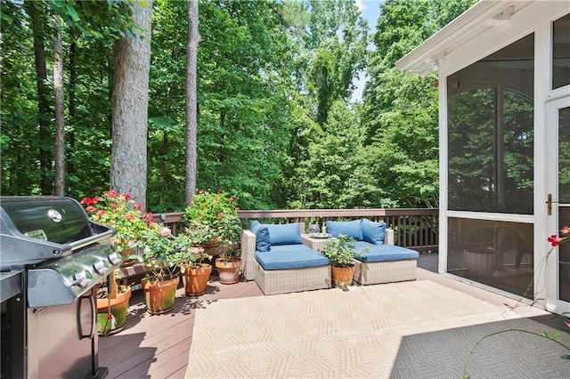 12160 Oak Hollow Way, Alpharetta, GA 30005 - wooden terrace with grilling area, a sunroom, and an outdoor hangout area